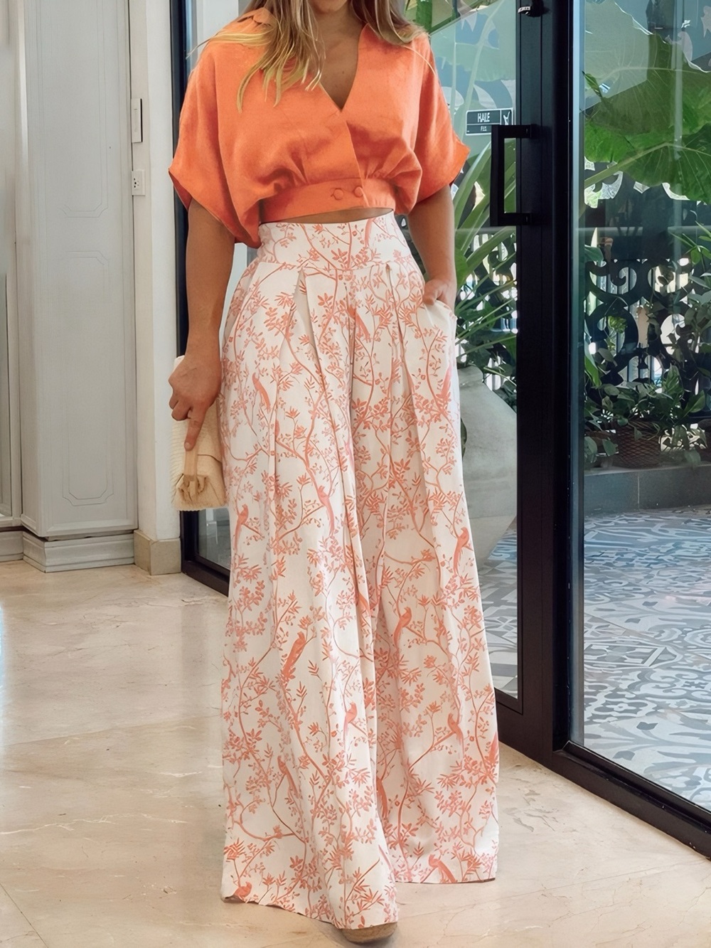 Wide-Leg Floral Print Palazzo Pants & Top in Peach & White